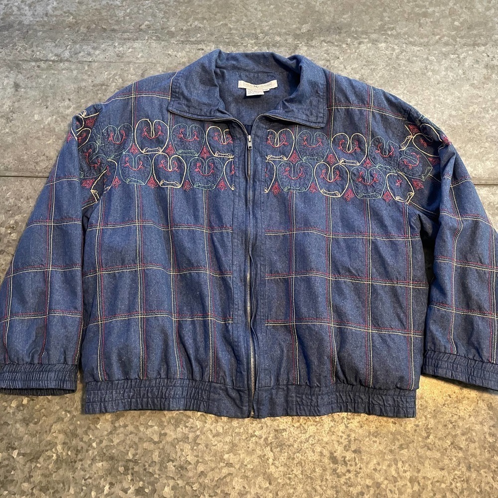 Vintage Great Cavalier St. Paul Silk Denim Embroidered Bomber Jacket Womens XL